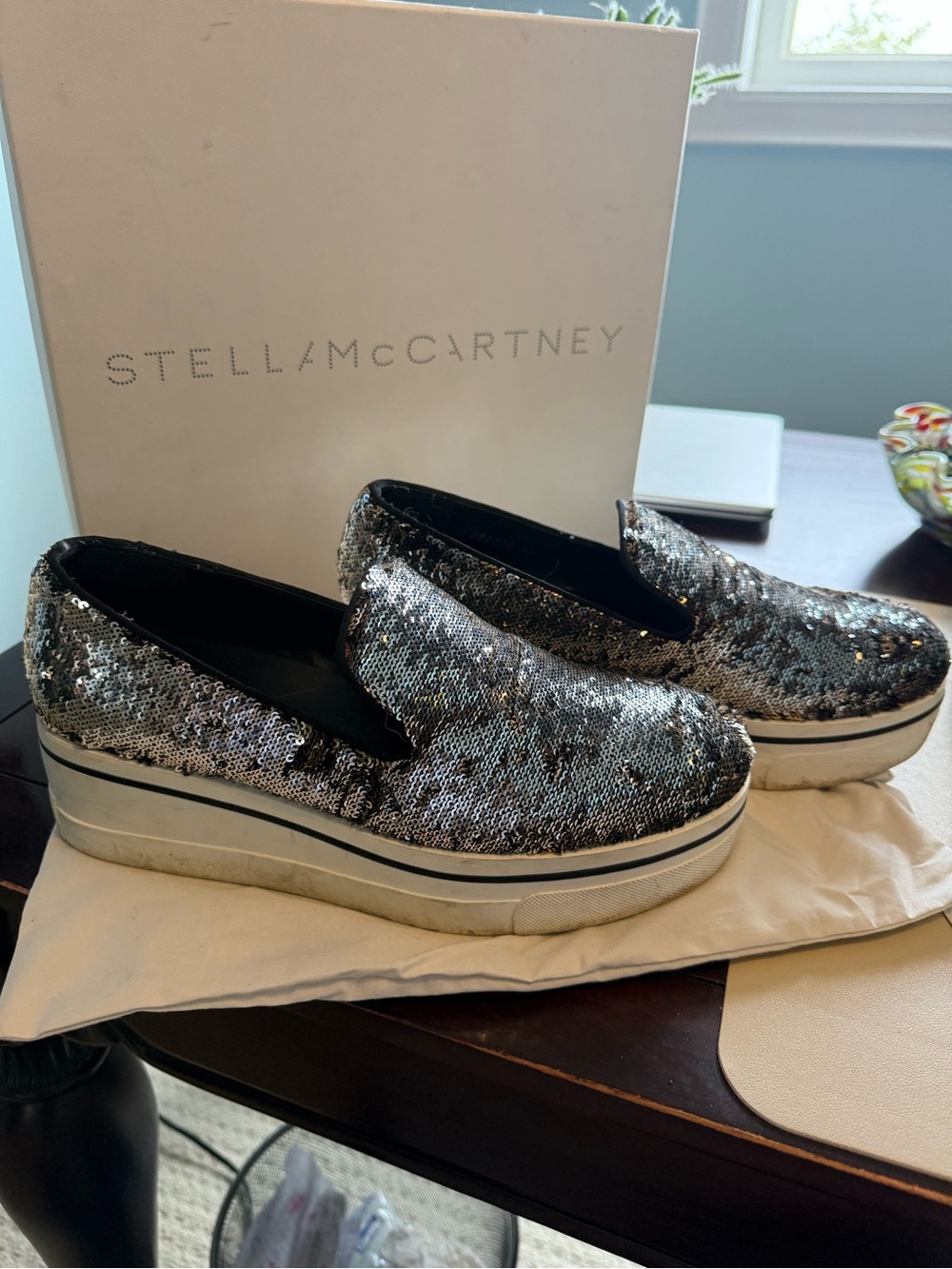 Stella McCartney Silver Sequin Platform Slip-Ons Shoes Size 9